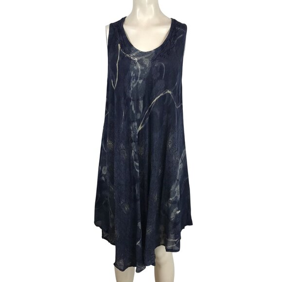 SAKKAS- WOMEN'S FREE SIZE - NAVY SLEEVELESS ROUND NECK TIE DYE RAYON DRESS - Picture 1 of 9